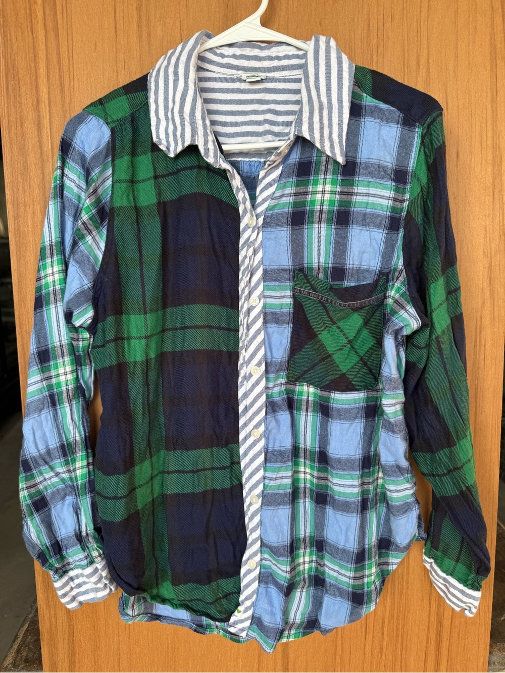 aerie Blue & Green Patchwork Plaid Contrast-Trim Button Down Shirt